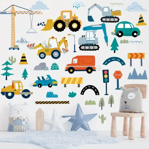 5 Blatt Baustellen-Warnfahrzeug Wandaufkleber – Große Lastwagen, Traktoren, Bagger, Dekoration für Schlafzimmer, Klassenzimmer, Kinderzimmer, Geburtstagsgeschenk, Spielzimmer