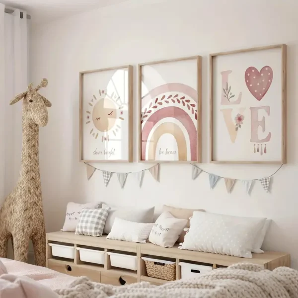 3-teiliges Set Boho Wandkunst für Kinderzimmer, bestehend aus Sonnen-, Regenbogen- und LOVE Kunstdrucken, moderne Leinwanddekoration für Mädchenzimmer, Kindergartenwandbilder - Image 4