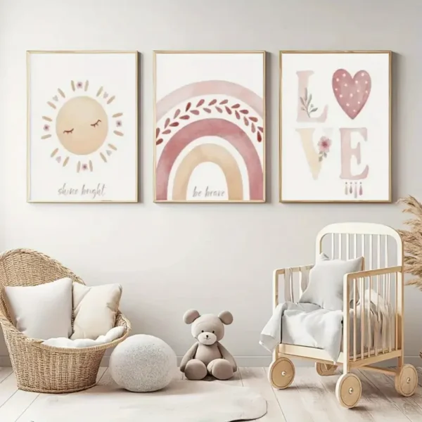 3-teiliges Set Boho Wandkunst für Kinderzimmer, bestehend aus Sonnen-, Regenbogen- und LOVE Kunstdrucken, moderne Leinwanddekoration für Mädchenzimmer, Kindergartenwandbilder - Image 5