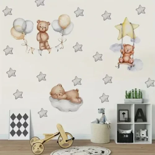 Wandsticker 3 Baby Bären mit Sternenballons, Wandsticker für Kinderzimmer