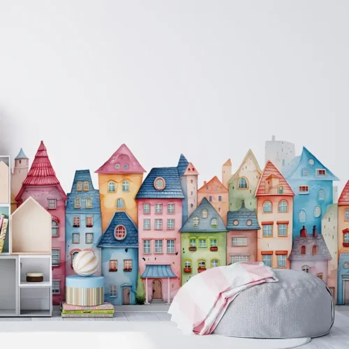 Wandtattoo Stadthäuser Bunt Pastell – Abziehbare Wanddeko Kinderzimmer