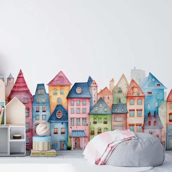 Wandtattoo Stadthäuser Bunt Pastell – Abziehbare Wanddeko Kinderzimmer