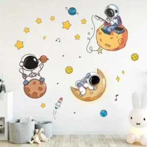 1 Stück Astronaut Wandsticker mit Planeten & Sternen – Selbstklebendes Wandtattoo, Kosmische Raumdeko für Schlafzimmer, Wohnzimmer, Kinderzimmer, Büro