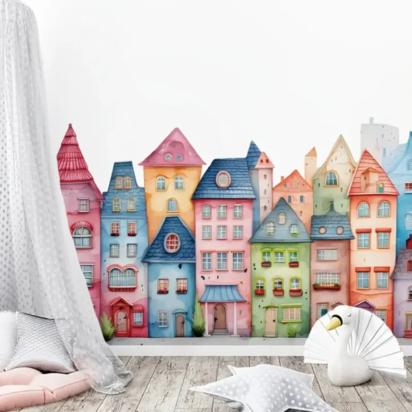 Wandtattoo Stadthäuser Bunt Pastell – Abziehbare Wanddeko Kinderzimmer - Image 4