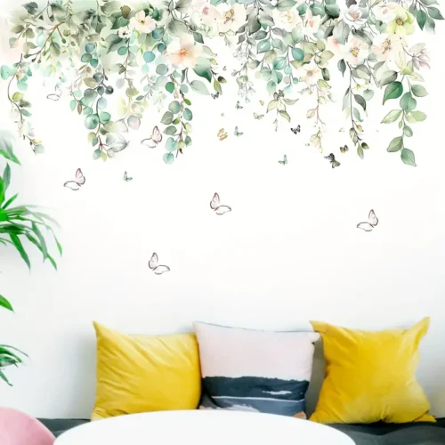 Florale Wandtattoos mit Schmetterlingen – Selbstklebender Wandaufkleber im Blumenranken Design, Dekor für Küche, Fenster & Wohnzimmer