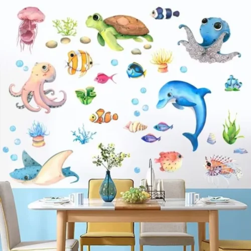 Wandtattoo Unterwasserwelt – Oktopus, Meeresschildkröte, Fische (4 Stück) – Selbstklebendes Wandtattoo für Kinderzimmer, Wohnzimmer, Badezimmer, Dekoration für Wand und Raum